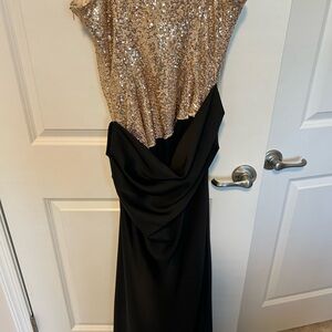 Betsy & Adam Strapless Gold Sequin and Black Dress